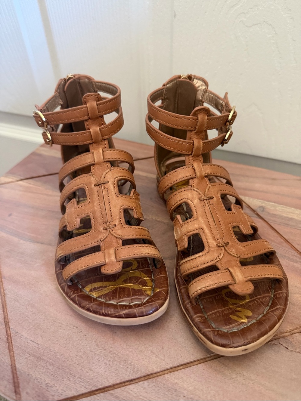 Sam Edelman Girls Tan Multi-Strap Genuine Leather Sandals